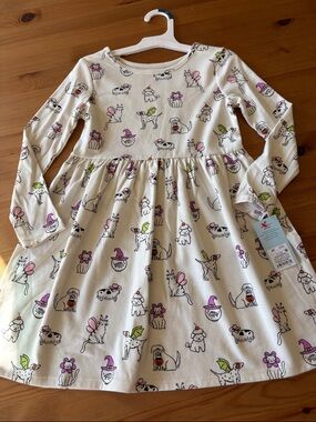 Cream Long Sleeve Halloween Puppy/ animal  Print Dress